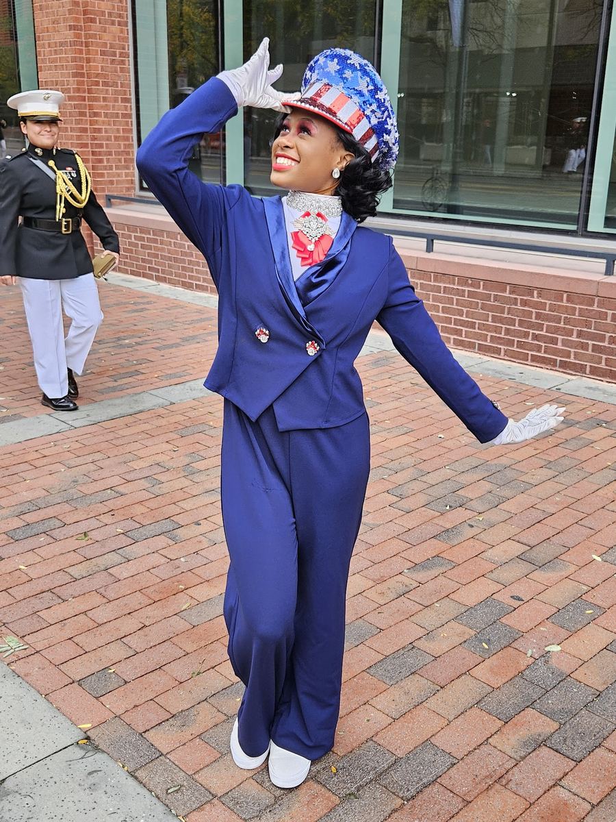 Amoni at the Philadelphia 4th of July Parade in blue patriotic costume